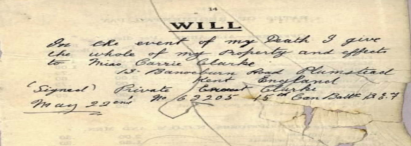 Ernest Charles Clarke handwritten soldiers will